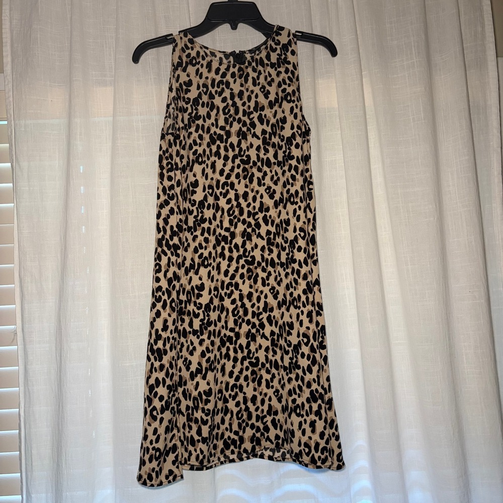 Halogen Dress Womens XS Tan Black Leopard Print Sleeveless Shift A-Line Mini